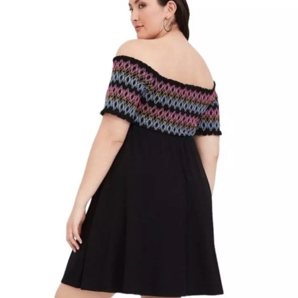 Black Embroidered Off Shoulder Skater Mini Dress image 3